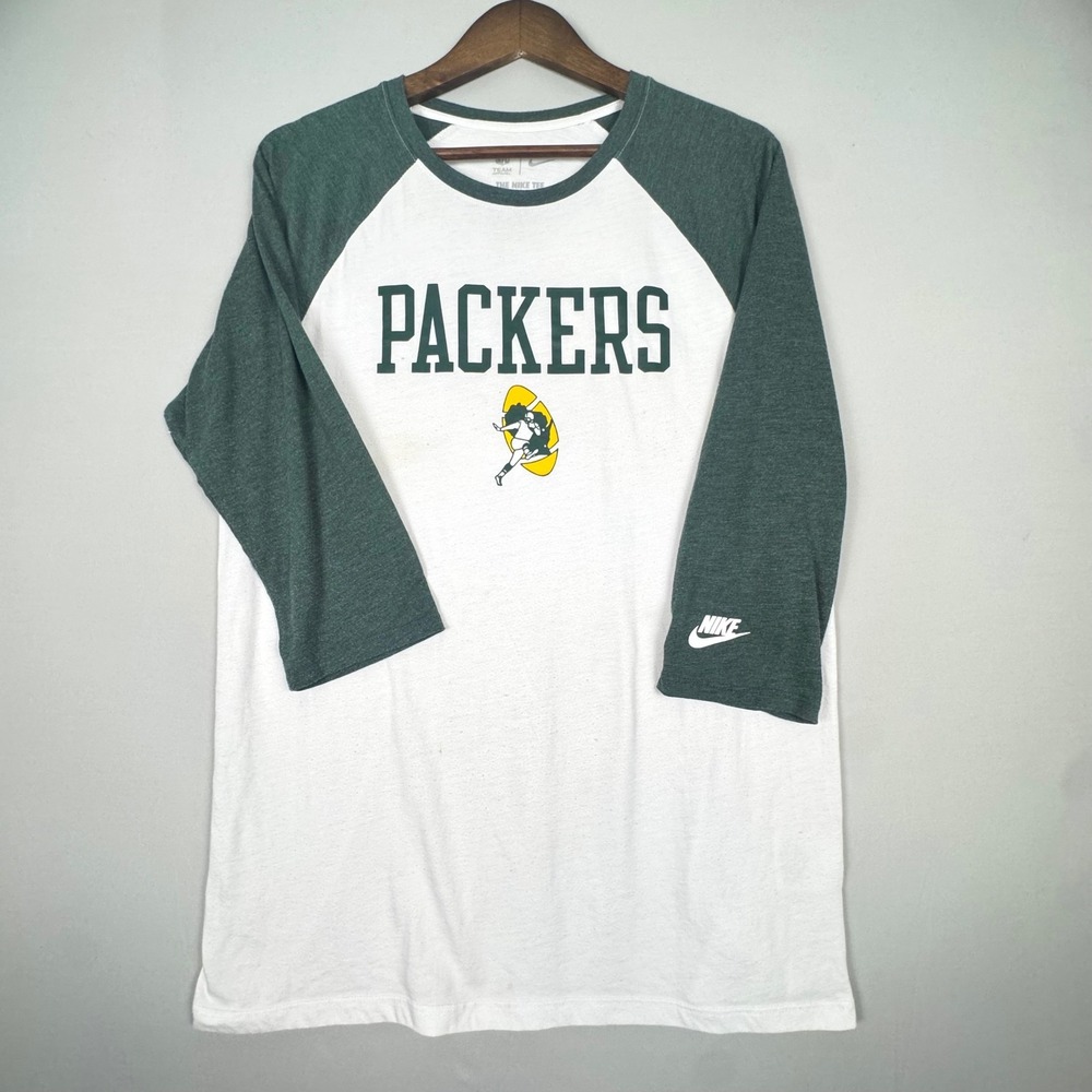 Nike Green Bay Packers Shirt Mens Medium White Green NWOT Raglan 3/4 779572